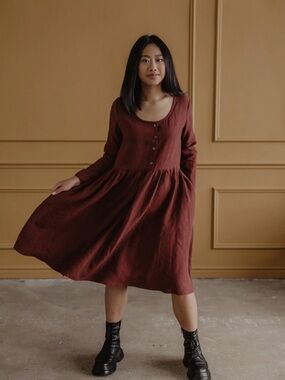 AmourLinen Terracotta Linen Babydoll Midi Dress size Medium handmade